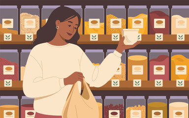 Woman shopping for spices in a well-stocked grocery store from a front viewpoint