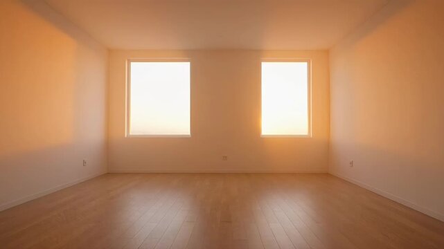 Sunlit empty room with two square windows and wooden floorboards.