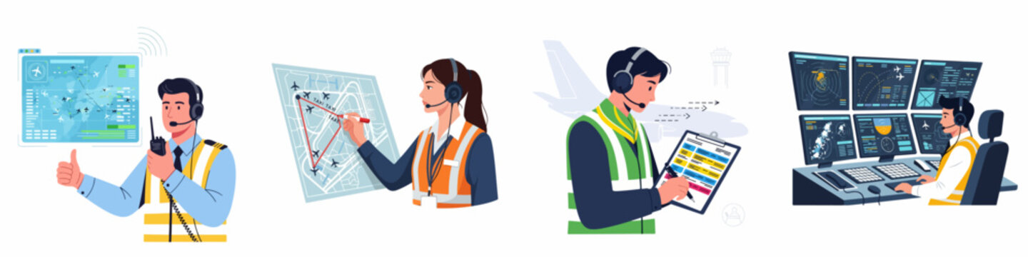 Aviation Professionals Working Together: Air Traffic Controllers and Ground Crew Managing Flights, Safety, and Airport Operations.