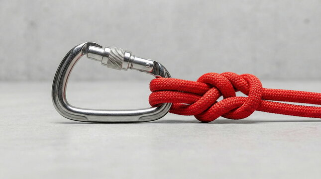 A red climbing rope securely tied with a knot to a silver metal carabiner, symbolizing safety, strength, and outdoor adventure.