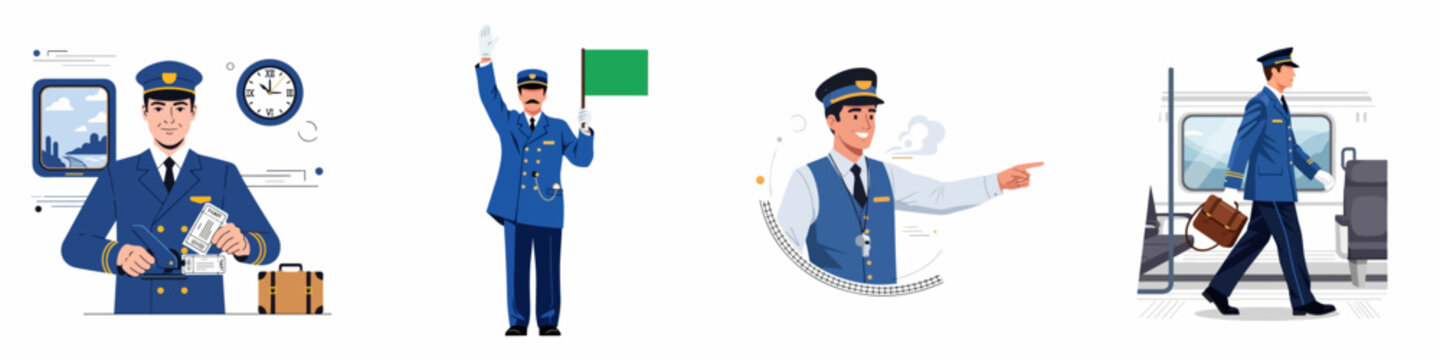 Railway staff professional set: conductor checking tickets, guard signaling with a flag, and employees assisting passengers, isolated on white.