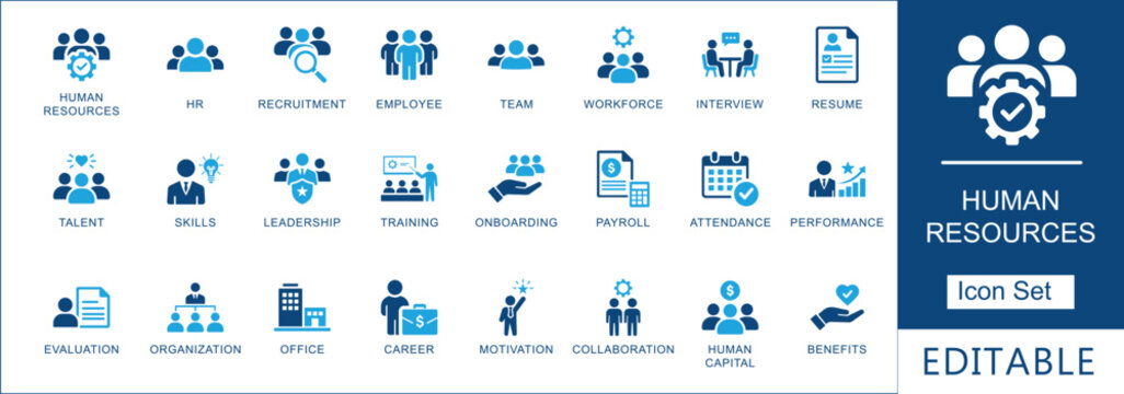 Human resources icon set. featuring recruitment, leadership, teamwork, and employee management elements in blue flat style for corporate business and workforce	