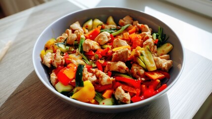 Asian style chicken with colorful vegetables in chili garlic sauce. Generative AI