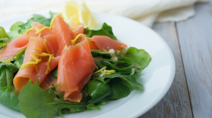 Smoked salmon salad with lemon drizzle on fresh greens. Generative AI
