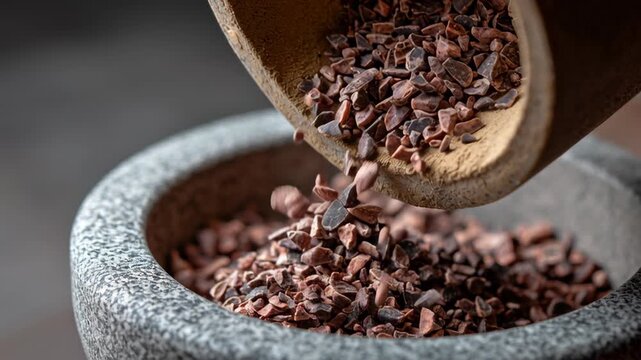 Crushed cocoa nibs pouring from wooden container into stone bowl close up macro shot showing rich brown texture and natural detail