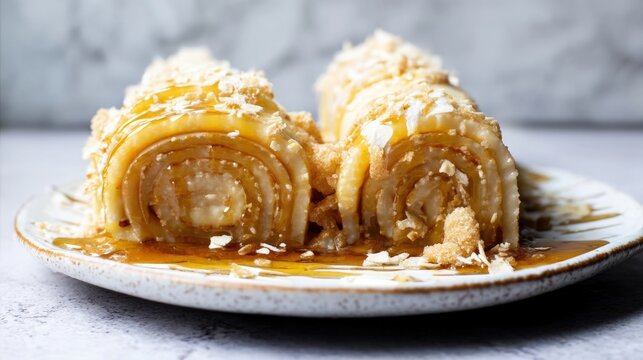 Rolled Layered Pastry Dessert with Honey Syrup Drizzle. Generative AI