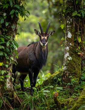 Dark Furry Serow Mountain Goat standing between trees in a lush green misty forest