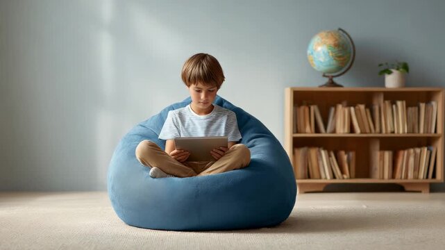 Elementary school student using digital tablet for online education, comfortably seated in a beanbag chair in a home environment featuring a bookshelf and globe