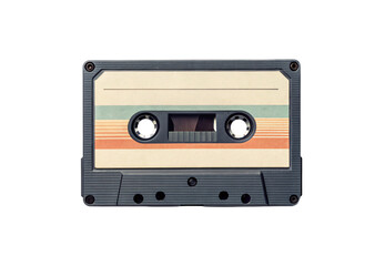 Fototapeta premium Retro cassette tape with pastel rainbow stripes vintage music media nostalgic, isolated on a transparent background