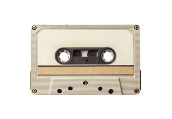 Fototapeta premium Vintage white cassette tape with beige label retro music storage analog, isolated on a transparent background