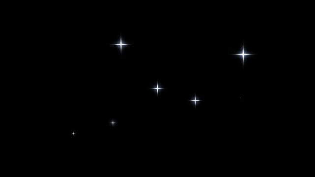 Blinking twinkling stars animation with flat doodle vector sparkle, shiny glowing light motion, smooth magical shine effects and soft glitter highlights on black screen background in high quality 4k