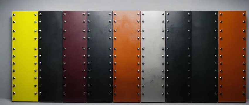Vertical metal panels with rivets display alternating yellow dark red black orange and gray colors