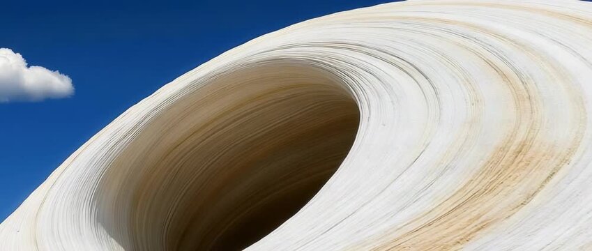 Abstract white textured swirl structure against bright blue sky with  single white cloud
