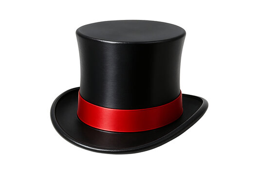 Classic black magician top hat with bright red ribbon band isolated on blank background, elegant vintage costume accessory