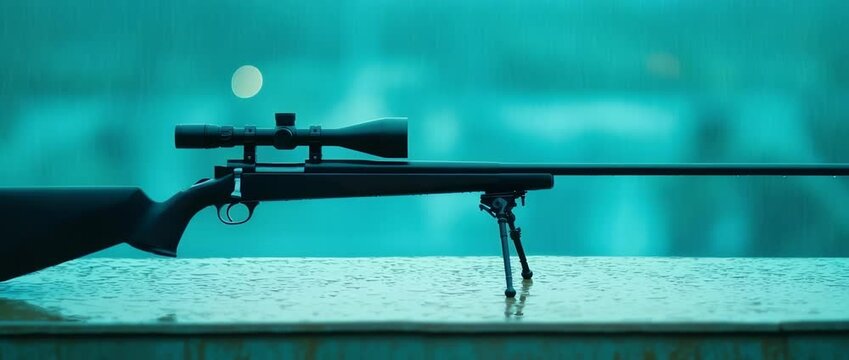 Black scoped rifle with bipod rests on  wet surface against  bright teal blurred background