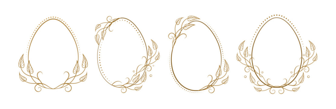 Easter egg botanical frames. Hand-drawn oval spring borders for Easter invitation and greeting card design