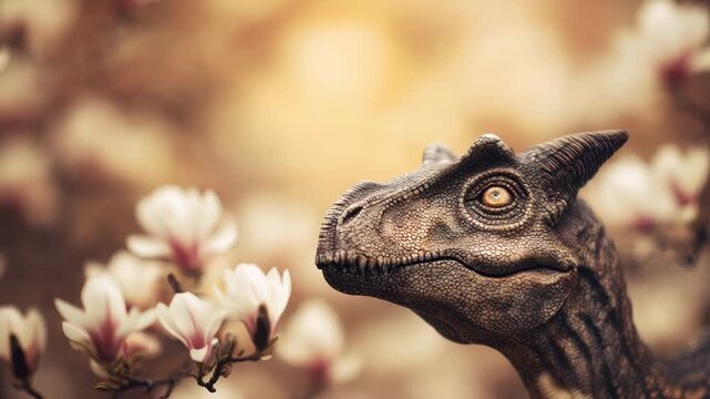 Dinosaur head close up observing soft focus white and pink magnolia blossoms in warm sunlight