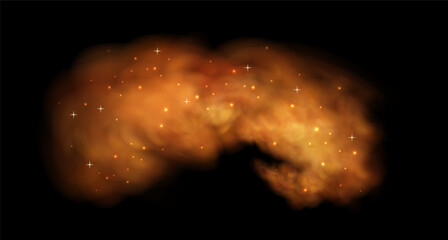 Fototapeta premium Abstract orange smoke effect with floating sparks creates dramatic fire atmosphere, ideal for overlay compositions with mysterious fog and burning ember elements.