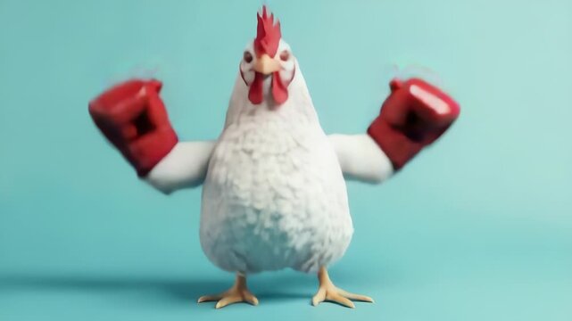 White cartoon chicken wearing red boxing gloves standing against  solid bright blue background