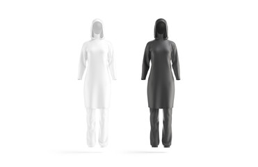 Blank black and white burkini mockup, png, transparent background, 3d rendering. Empty islam covered swimsuit for pool swimming mock up, cut out. Clear religious women clothing for beach template.