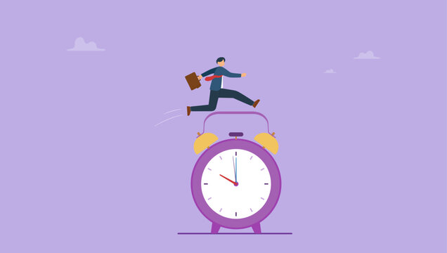 Confidence businessman jump over alarm clock. Punctual being on time or time management, work deadline or procrastination, self discipline, work efficiency or reminder, urgency or quick work.