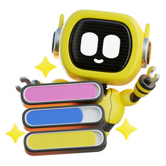 3D cartoon robot character giving positive feedback with glowing stars and progress bars