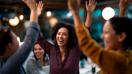 Fototapeta premium Excited female professional celebrating job offer with colleagues in office recruitment success team moment with high fives hiring achievement celebration with group employment