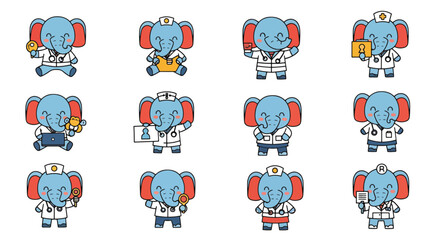 Fototapeta premium Cartoon Elephant Doctor Set with Various Poses