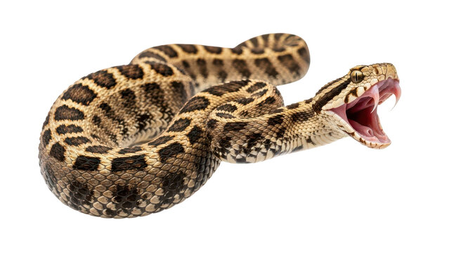 Puff adder snake with fangs and open mouth, brown and black patterned scales, venomous reptile isolated PNG with Transparent Background
