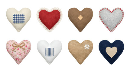 Fototapeta premium Fabric heart set including linen, burlap, felt, and floral patterns with buttons and embroidery isolated. Handmade sewing and craft collection.