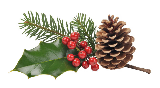 Pinecone with holly leaves and red berries isolated on a transparent background