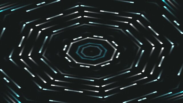 Symmetrical kaleidoscopic tunnel of neon blue lines forming hexagonal rings against dark background!