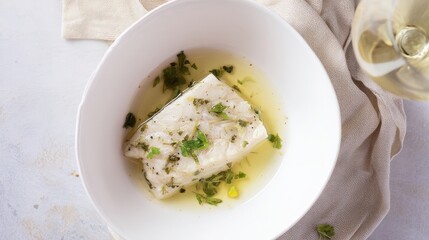 Halibut in white wine marinade with herbs. Generative AI