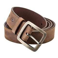 Brown leather belt with silver buckle and stitching details