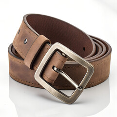 Brown leather belt with silver buckle and stitching details closeup