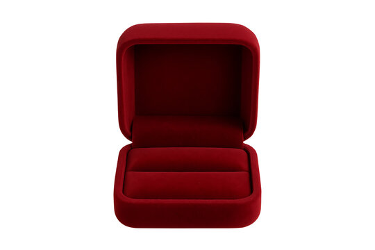 Romantic engagement ring box open with plush velvet texture, wedding proposal concept isolated on dark background