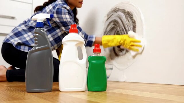 Woman in yellow gloves cleaning black mold from white wall with sponge and liquid spray bottles on floor in bright apartment room