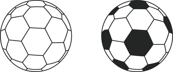Fototapeta premium Collection of professional soccer ball vector icons and football silhouettes with angled hexagonal patterns isolated on white background for sports graphic design.