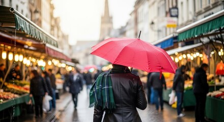 Fototapeta premium Person walks under bright umbrella along busy outdoor market street during damp weather