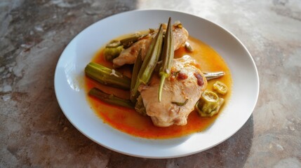 Chicken braised with okra pods and paprika in a warm broth. Generative AI