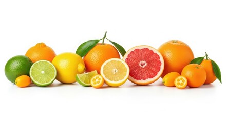 Assorted Citrus Fruits with Orange, Lemon, Lime, and Grapefruit on White