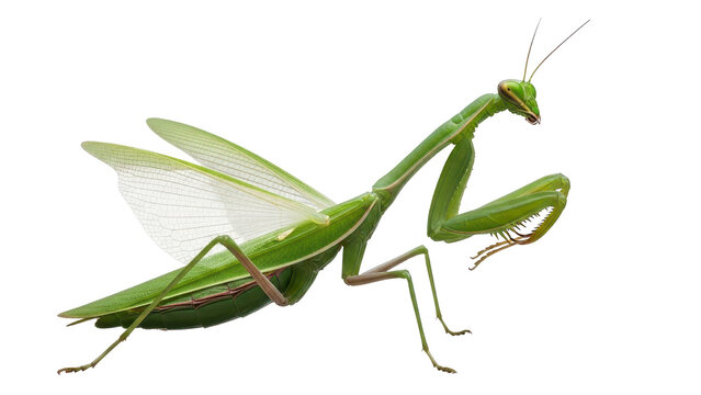 Bright green praying mantis with translucent wings extended, isolated on transparent background, png