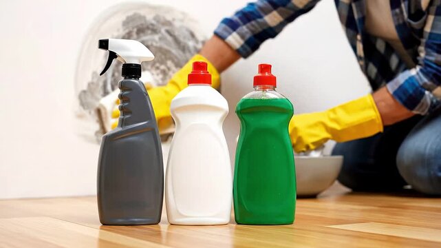 Woman wearing yellow rubber gloves scrubbing dark mildew stain on white wall with sponge and cleaning spray bottles products in front of them