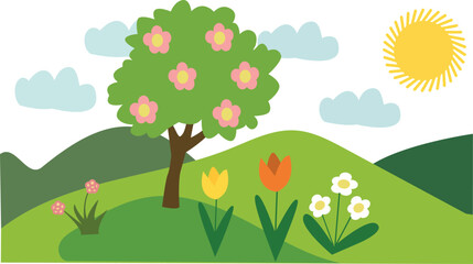 Spring landscape with blooming tree and flowers