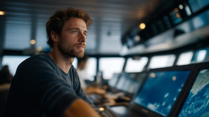 Obraz premium The future of 5G and 6G technology is showcased in a bustling global maritime communication center, highlighting advancements in satellite internet for ships and vessels, enhancing connectivity at