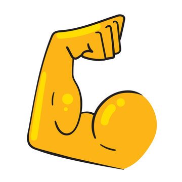 Cartoon strong arm emoji. Flexing bicep symbol of power, fitness and strength. Funny vector illustration in comic style for stickers, prints, and motivation designs