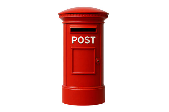 Vintage style red mailbox for letters and parcels with front panel and slot, postal concept isolated on dark background