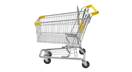 Metal shopping cart PNG isolated on transparent background, grocery store trolley for retail and consumerism needs, yellow accents