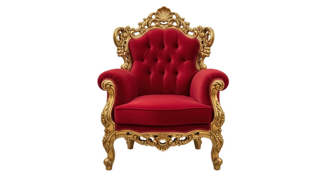 Luxurious red velvet armchair with golden ornate frame isolated PNG, royal throne furniture for interior design and elegant living spaces