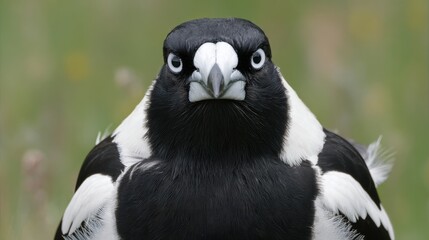 Obraz premium Close-up of a fierce Australian Magpie staring at the camera in a colorful natural setting, showing alert and defensive posture, spring wildlife, bird detail and feather texture